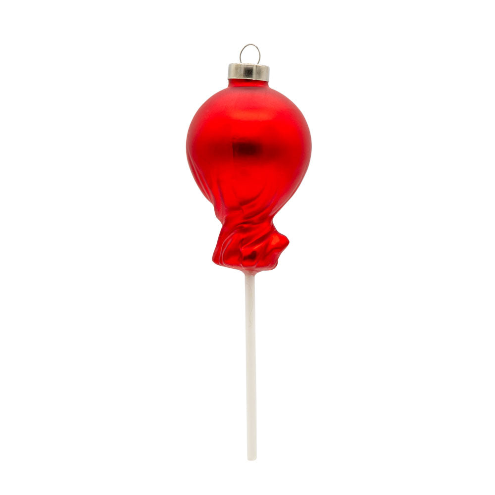 Jolly Tootsie Roll Pop ornament in the color red with smiley face, viewed from the back.