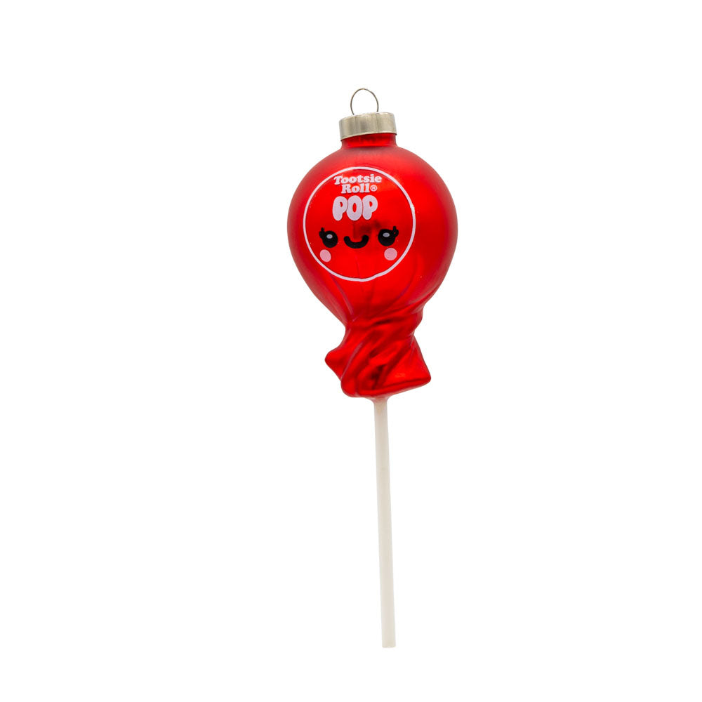 Jolly Tootsie Roll Pop ornament in the color red with smiley face, viewed from the front. 