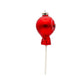 Jolly Tootsie Roll Pop ornament in the color red with smiley face, viewed from the left side.