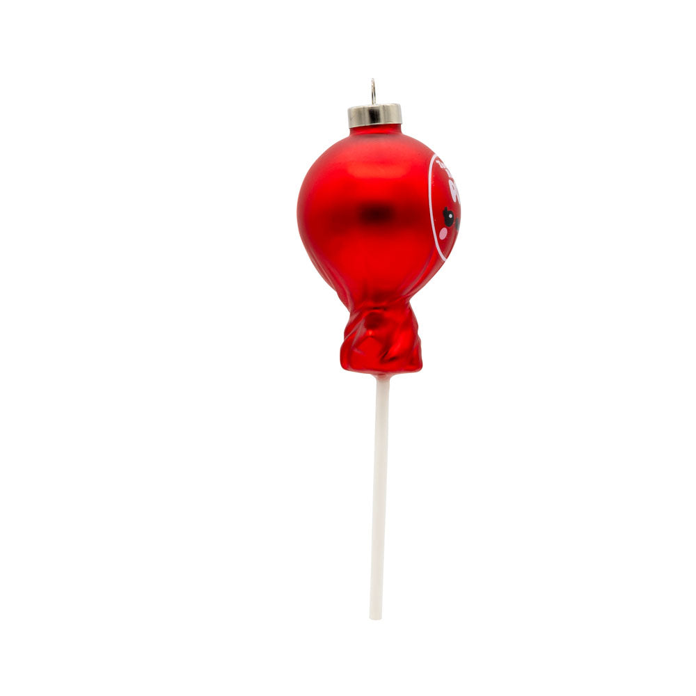 Jolly Tootsie Roll Pop ornament in the color red with smiley face, viewed from the left side.