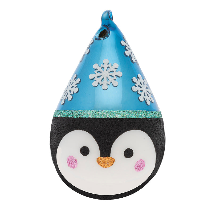 Our modern tear drop ornament comes to life with a jolly Penguin face and snowflake covered hat.