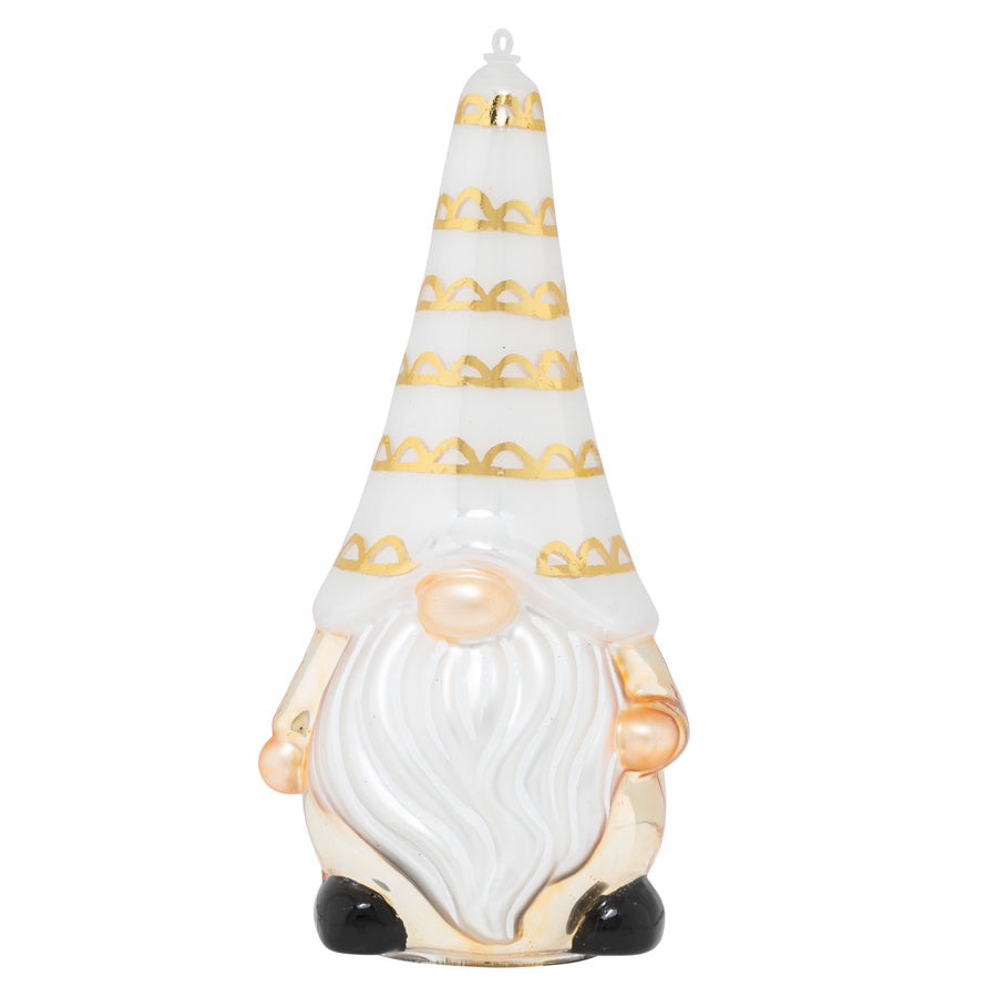 A capped and bearded gnome in monochromatic gold and pearl is sure to add levity to even the most elegant of boughs.
